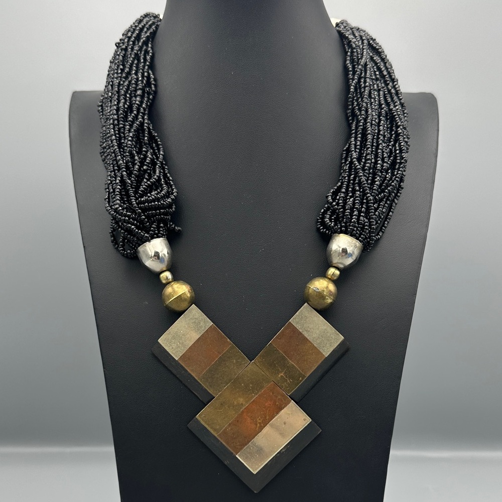 Black Beaded Geometric Statement Necklace
